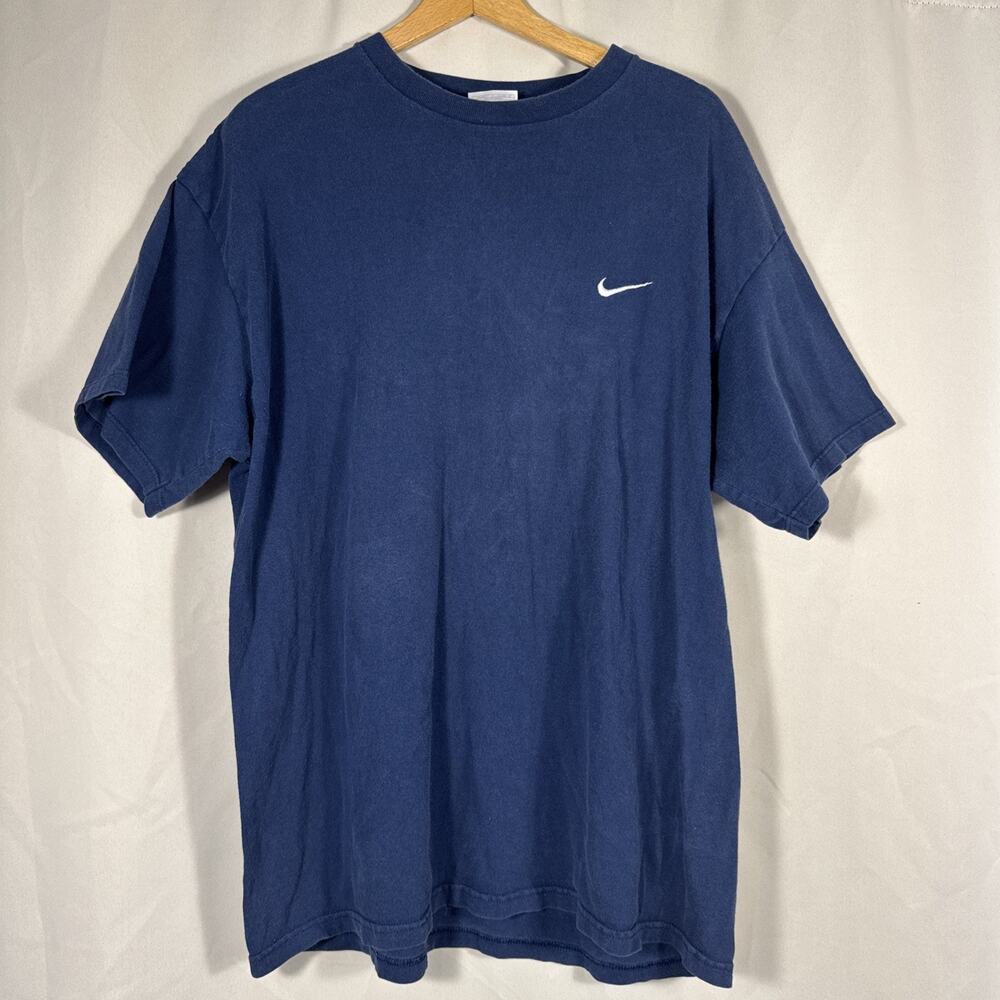 Vintage Nike T Shirt Mens Large Made in USA Navy Mini Swoosh 90s Y2K Tee